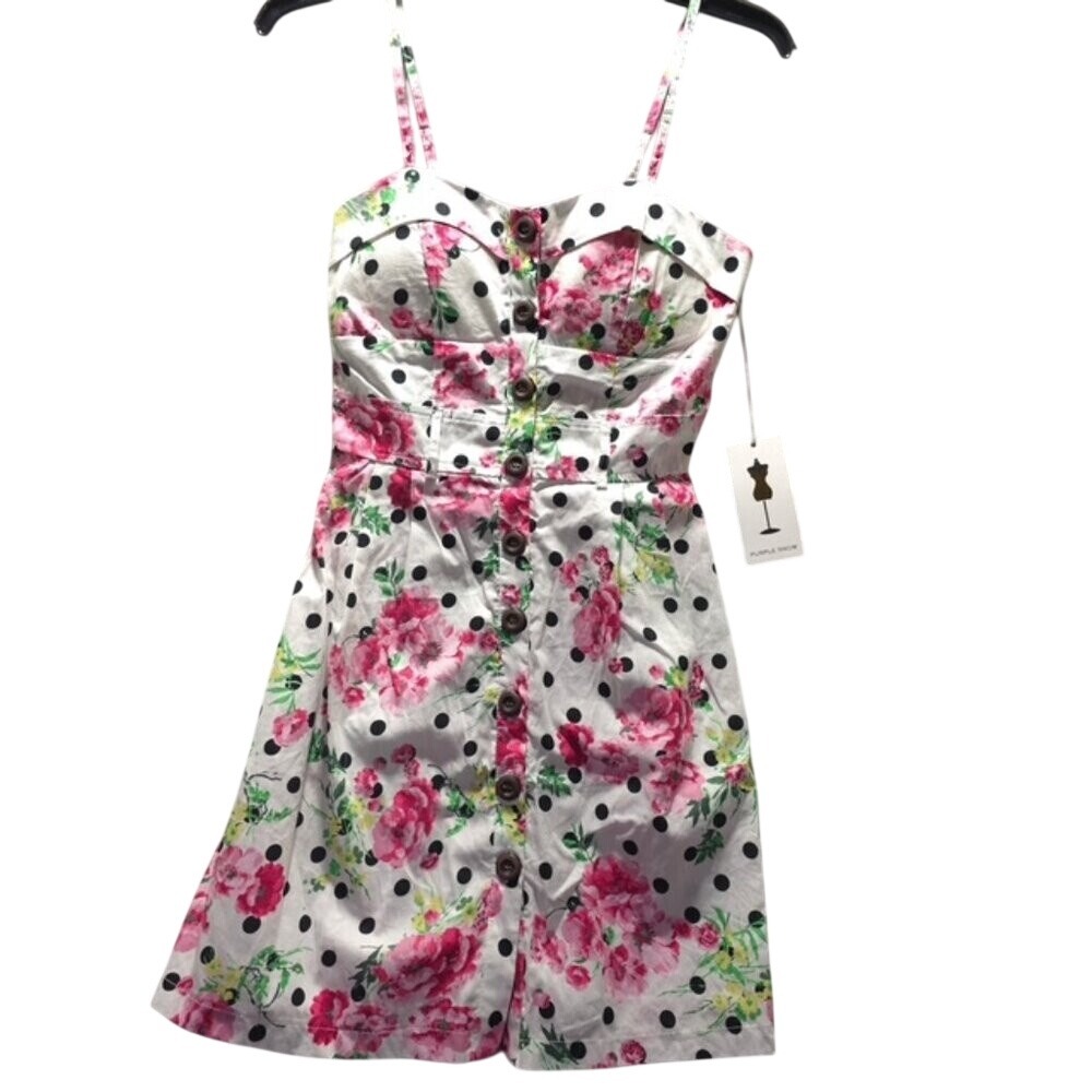 Purple Snow Juniors Mini Dress Size M –‎ Polka Dot & Floral Print – NWT